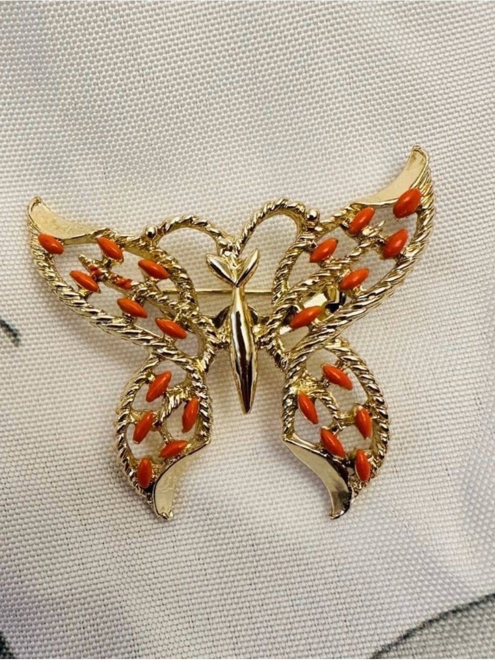Butterfly Brooch Gold tone with Coral Accents*Vintage~1960’s*